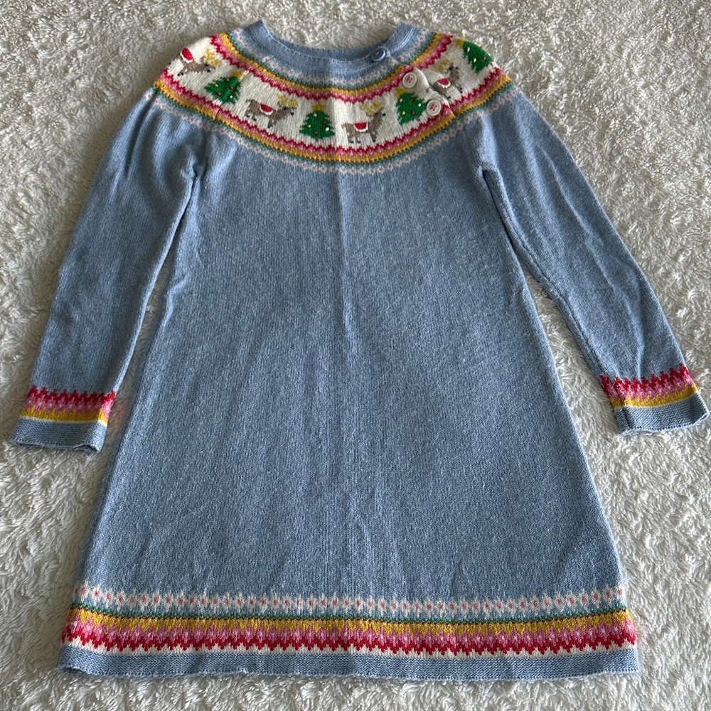 Mini Boden girls size 7-8 blue reindeer fair isle sweater dress Christmas cute